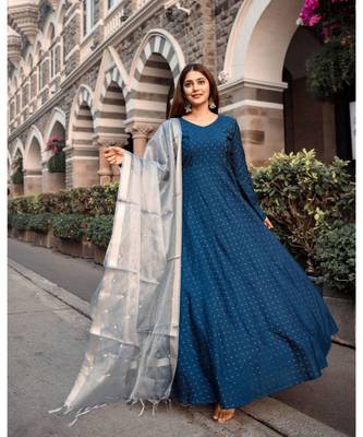 Teal Dupion Silk Cotton  Fit and Flare Dress Dupatta 3