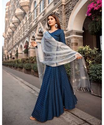 Teal Dupion Silk Cotton  Fit and Flare Dress Dupatta 4