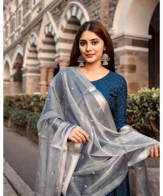 Teal Dupion Silk Cotton  Fit and Flare Dress Dupatta 6