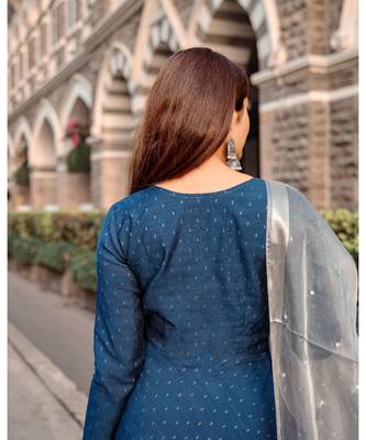 Teal Dupion Silk Cotton  Fit and Flare Dress Dupatta 7