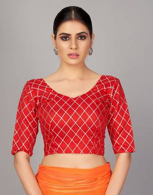 Red printed silk saree with blouse 4