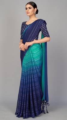 navy blue printed silk saree with blouse 2