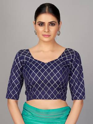navy blue printed silk saree with blouse 4