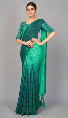 Teal printed silk saree with blouse 2