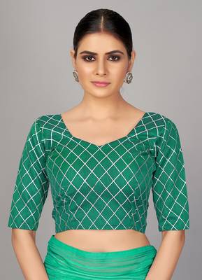 Teal printed silk saree with blouse 4
