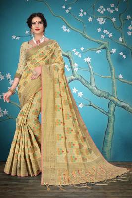 Cream woven cotton saree with blouse 1