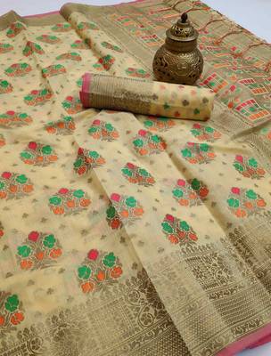 Cream woven cotton saree with blouse 2