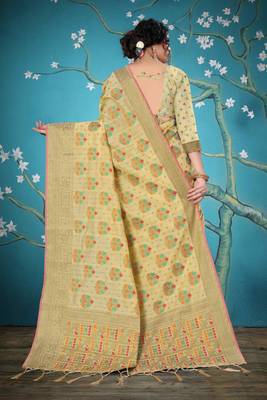 Cream woven cotton saree with blouse 3