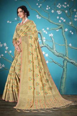 Cream woven cotton saree with blouse 4