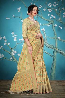 Cream woven cotton saree with blouse 5