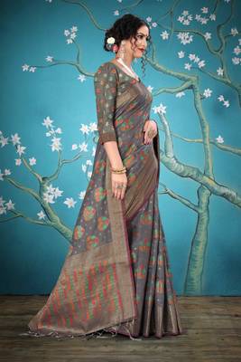 Grey woven cotton saree with blouse 5