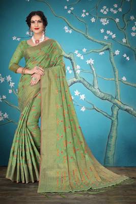 Green woven cotton saree with blouse 1