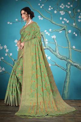 Green woven cotton saree with blouse 4