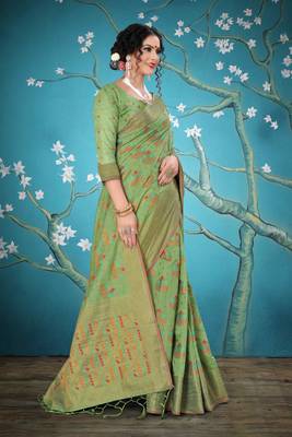 Green woven cotton saree with blouse 5