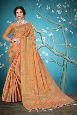 Peach woven cotton saree with blouse 1