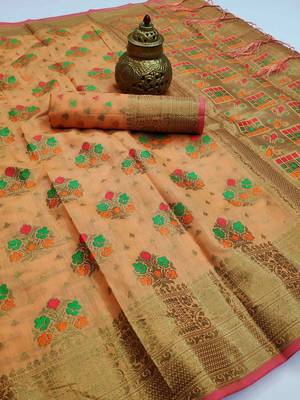 Peach woven cotton saree with blouse 2