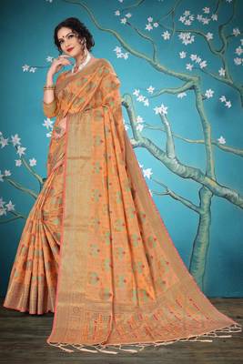 Peach woven cotton saree with blouse 4