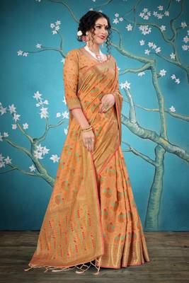 Peach woven cotton saree with blouse 5