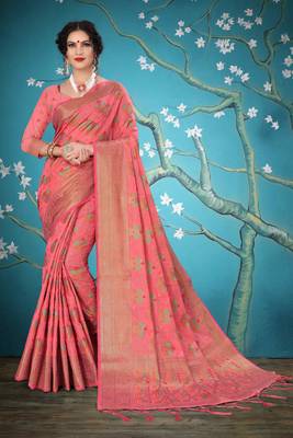 Pink woven cotton saree with blouse 1