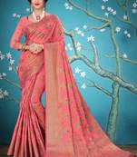 Pink woven cotton saree with blouse