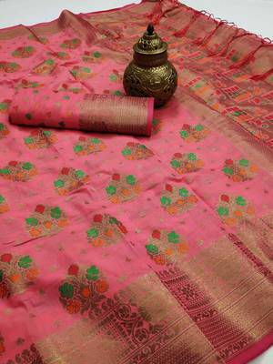 Pink woven cotton saree with blouse 2