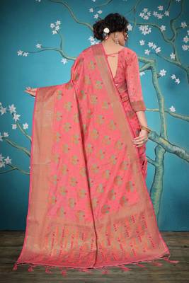 Pink woven cotton saree with blouse 3