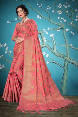Pink woven cotton saree with blouse 4
