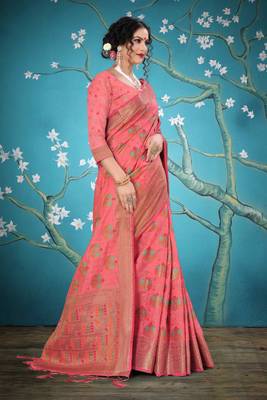 Pink woven cotton saree with blouse 5