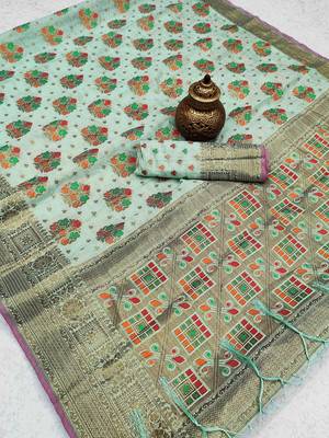 Light green woven cotton saree with blouse 2