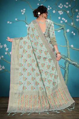 Light green woven cotton saree with blouse 3