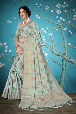 Light green woven cotton saree with blouse 4