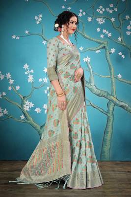 Light green woven cotton saree with blouse 5