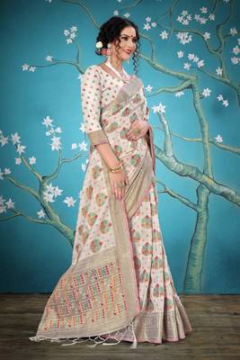 White woven cotton saree with blouse 5