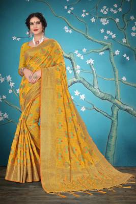 Yellow woven cotton saree with blouse 1