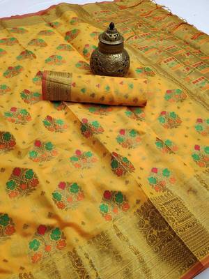 Yellow woven cotton saree with blouse 2