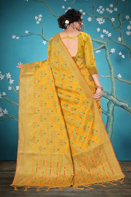 Yellow woven cotton saree with blouse 3