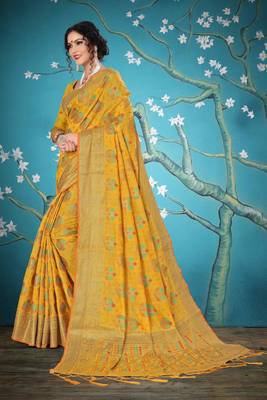 Yellow woven cotton saree with blouse 4