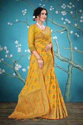 Yellow woven cotton saree with blouse 5