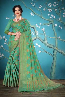 Turquoise woven cotton saree with blouse 1