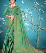 Turquoise woven cotton saree with blouse