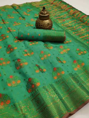 Turquoise woven cotton saree with blouse 2