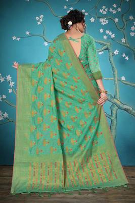 Turquoise woven cotton saree with blouse 3