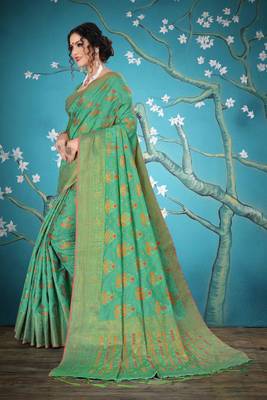 Turquoise woven cotton saree with blouse 4