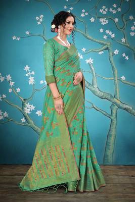 Turquoise woven cotton saree with blouse 5