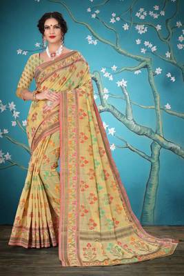 Cream woven cotton saree with blouse 1
