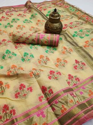 Cream woven cotton saree with blouse 2