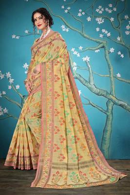 Cream woven cotton saree with blouse 4