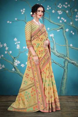 Cream woven cotton saree with blouse 5