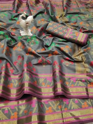 Grey woven cotton saree with blouse 2