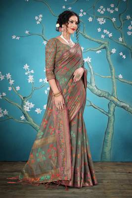 Grey woven cotton saree with blouse 5